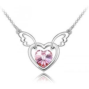 Imitation Light Pink Rhinestone Gemstone Angel Wings Heart Necklace